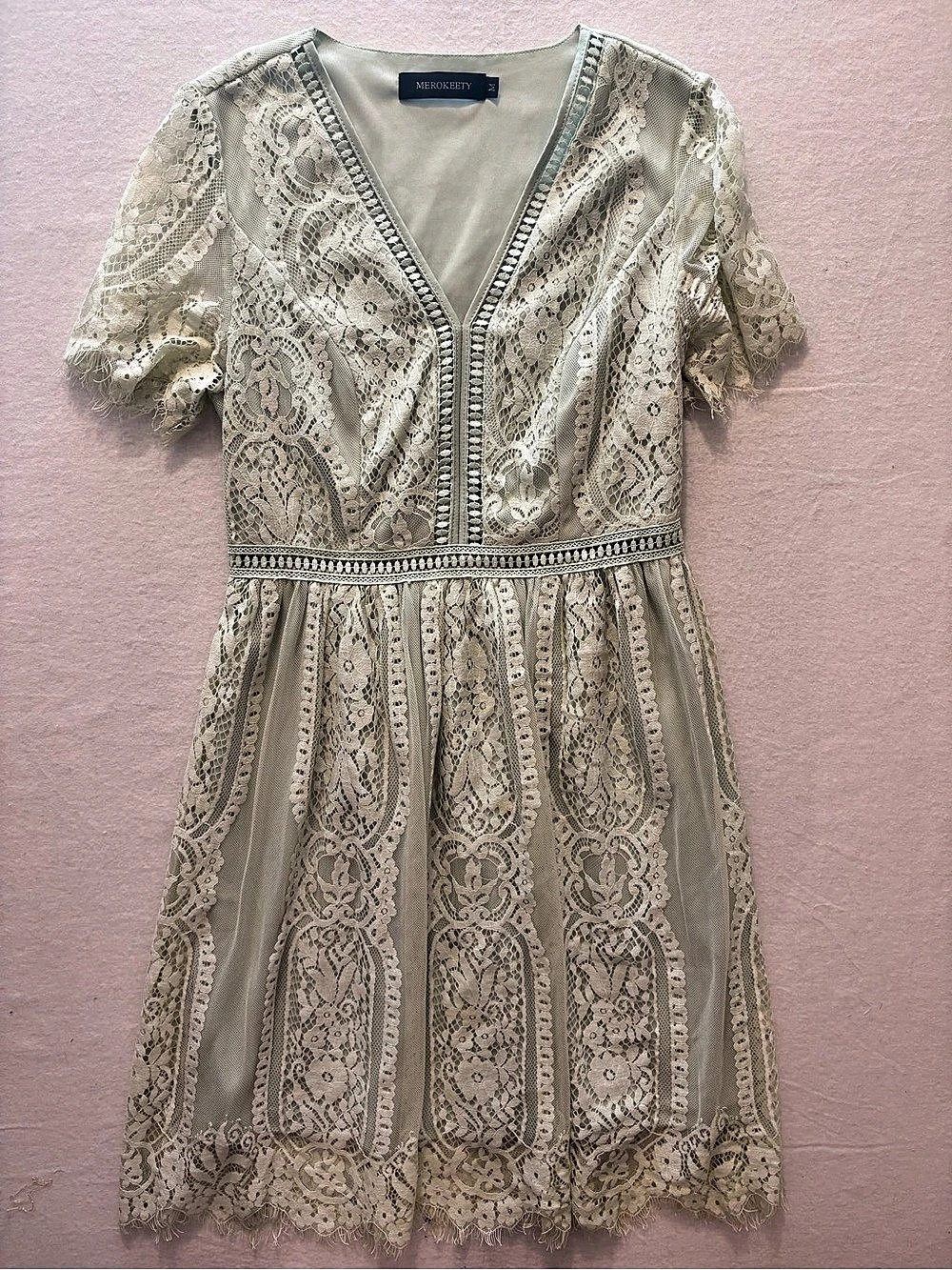 Merokeety Short Sleeve V Neck Floral Lace Midi Dress Mint